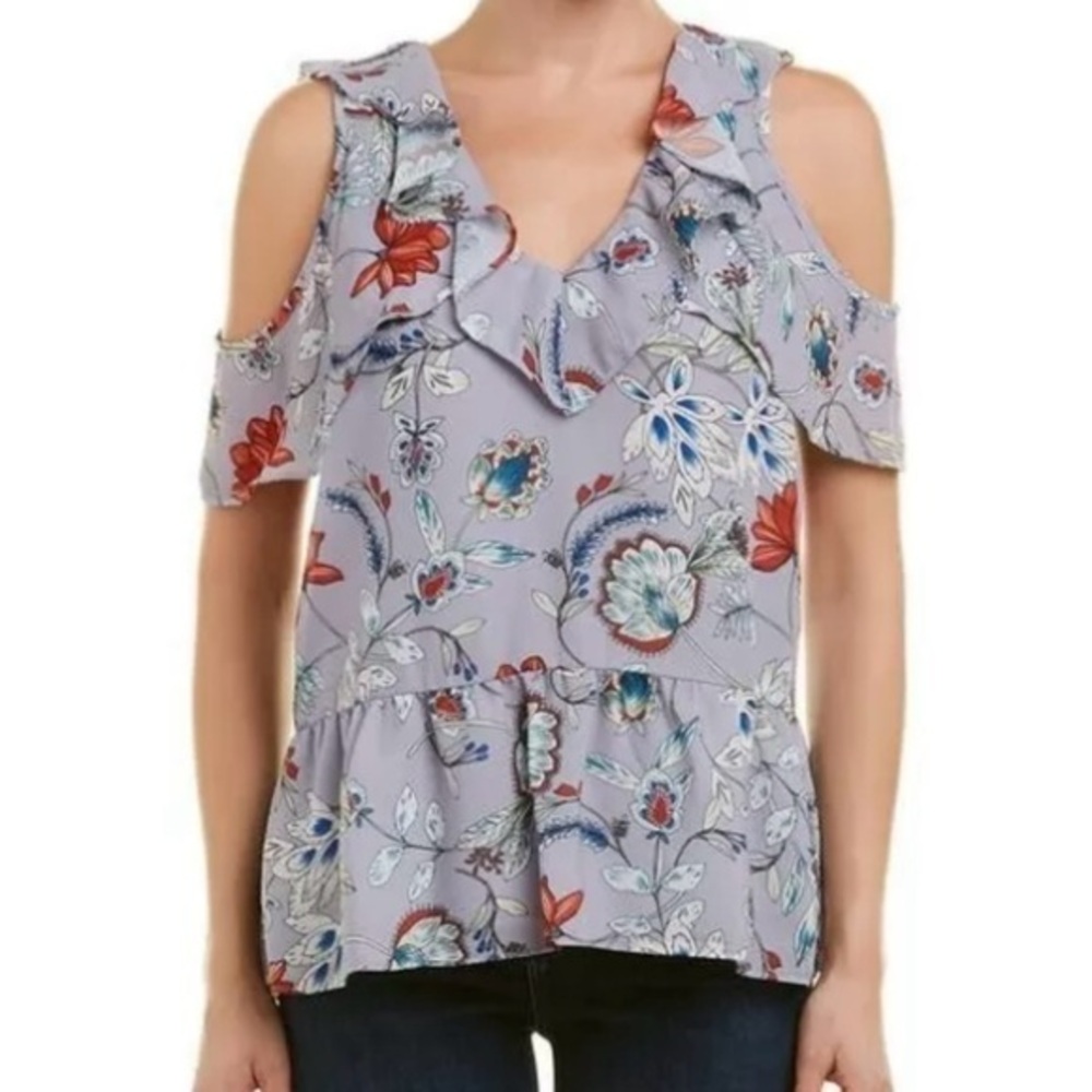 Parker Women Cold shoulder Peplum Ruffle Violet Garden Blouse Size Small NWT